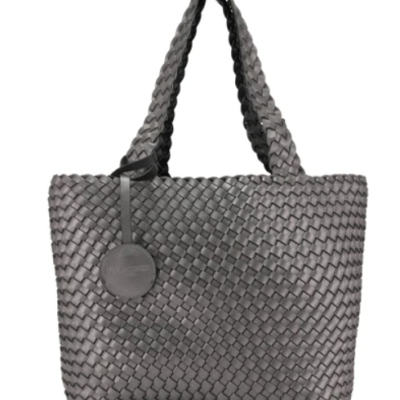 The Reversible Woven Tote in Black & Gunmetal